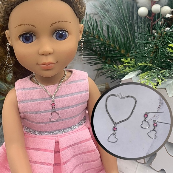 Handmade Other - Silver Heart Pink Crystal Silver Doll Necklace Earring Set 14” Wellie Wisher 5/1
